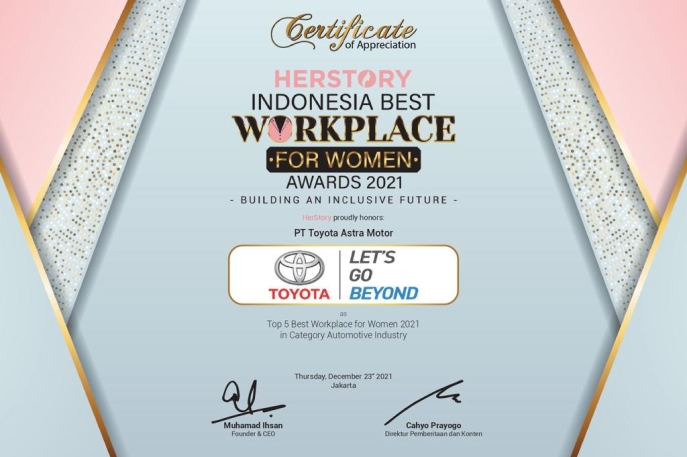 50 TAHUN TOYOTA DI INDONESIA  Toyota-Astra Motor Terpilih Sebagai Salah Satu Perusahaan Otomotif Yang Menjadi Tempat Bekerja Terbaik Bagi Perempuan